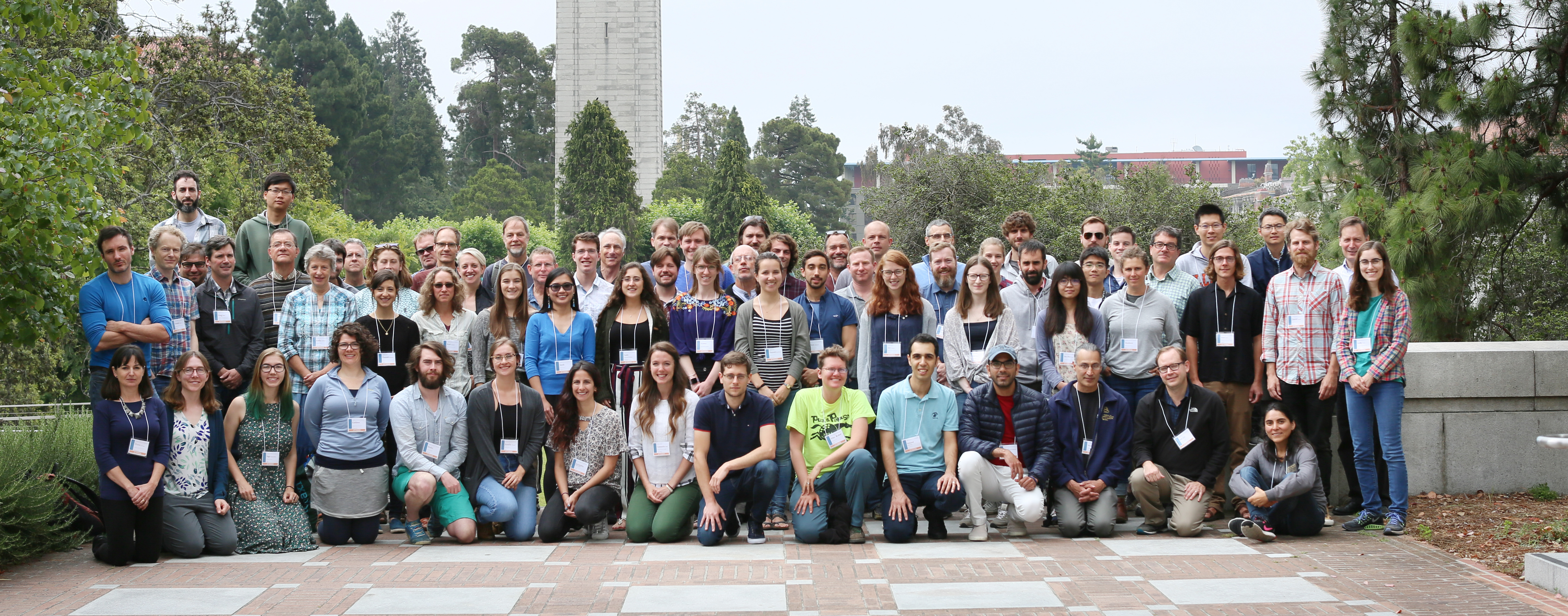 group photo of CIDER 2019 summer program participants at UC Berkeley campus with Campanile in background